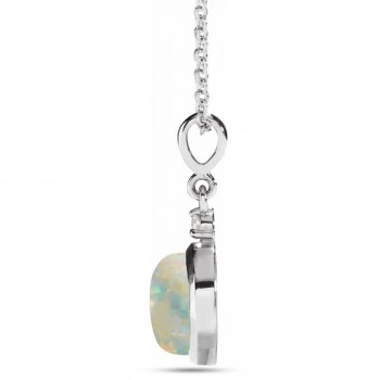 Round Natural White Opal & Natural Diamond Pendant Necklace 14K White Gold (1.11ct)