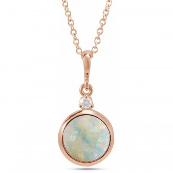 Round Natural White Opal & Natural Diamond Pendant Necklace 14K Rose Gold (1.11ct)