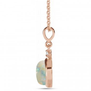 Round Natural White Opal & Natural Diamond Pendant Necklace 14K Rose Gold (1.11ct)