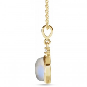 Natural Rainbow Moonstone & Natural Diamond Cabochon Pendant Necklace 14K Yellow Gold (2.53ct)