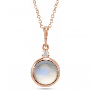 Round Natural Rainbow Moonstone & Natural Diamond Pendant Necklace 14K Rose Gold (2.53ct)