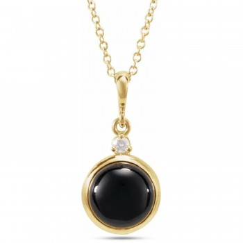 Round Natural Onyx & Natural Diamond Pendant Necklace 14K Yellow Gold (1.53ct)