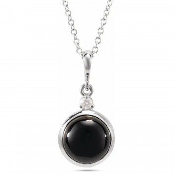 Round Natural Onyx & Natural Diamond Pendant Necklace 14K White Gold (1.53ct)