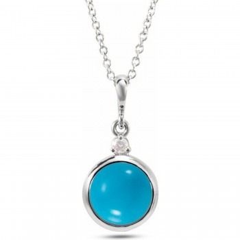Round Natural Turquoise & Natural Diamond Pendant Necklace 14K White Gold (0.68ct)