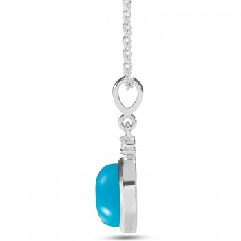 Natural Turquoise & Natural Diamond Cabochon Pendant Necklace 14K White Gold (0.68ct)