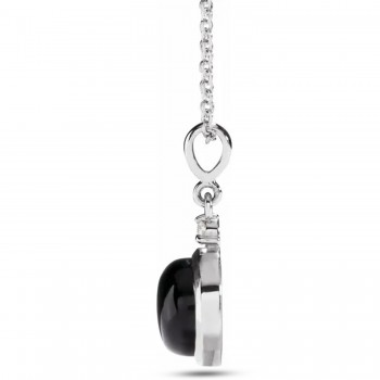 Round Natural Onyx & Natural Diamond Pendant Necklace 14K White Gold (0.65ct)