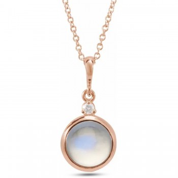 Round Natural Rainbow Moonstone & Natural Diamond Pendant Necklace 14K Rose Gold (1.08ct)