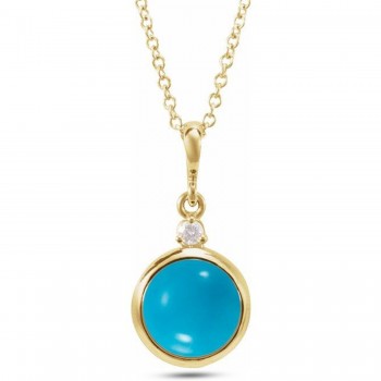Round Natural Turquoise & Natural Diamond Pendant Necklace 14K Yellow Gold (0.68ct)