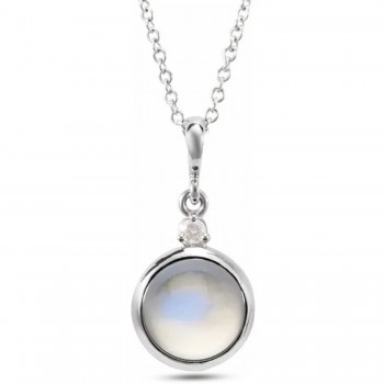 Round Natural Rainbow Moonstone & Natural Diamond Pendant Necklace 14K White Gold (1.08ct)