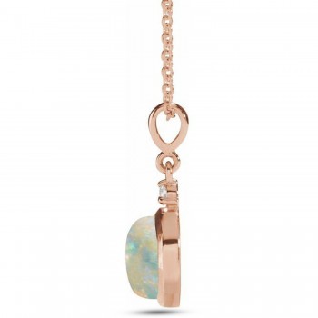 Round Natural White Opal & Natural Diamond Pendant Necklace 14K Rose Gold (0.57ct)