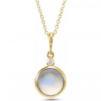 Round Natural Rainbow Moonstone & Natural Diamond Pendant Necklace 14K Yellow Gold (1.08ct)