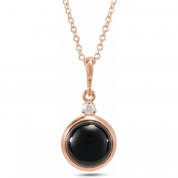 Round Natural Onyx & Natural Diamond Pendant Necklace 14K Rose Gold (0.65ct)