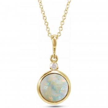 Natural White Opal & Natural Diamond Cabochon Pendant Necklace 14K Yellow Gold (0.57ct)