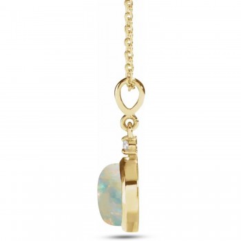 Round Natural White Opal & Natural Diamond Pendant Necklace 14K Yellow Gold (0.57ct)