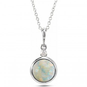 Round Natural White Opal & Natural Diamond Pendant Necklace 14K White Gold (0.57ct)