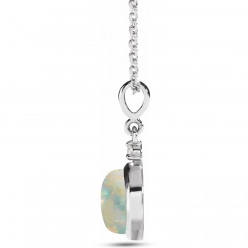 Natural White Opal & Natural Diamond Cabochon Pendant Necklace 14K White Gold (0.57ct)