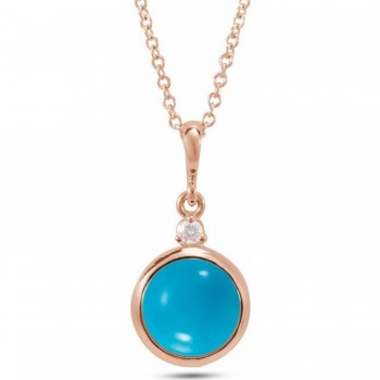 Round Natural Turquoise & Natural Diamond Pendant Necklace 14K Rose Gold (0.68ct)