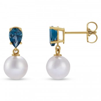 Natural London Blue Topaz & White Akoya Pearl Drop Earrings 14K Yellow Gold (0.48ct)