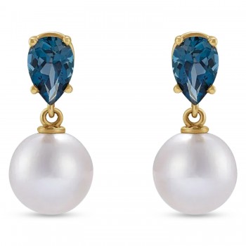 Natural London Blue Topaz & White Akoya Pearl Drop Earrings 14K Yellow Gold (0.48ct)