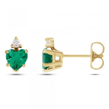Heart Lab Grown Emerald & Natural Diamond Stud Earrings 14K Yellow Gold (0.46ct)