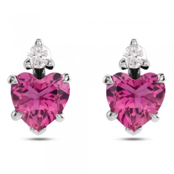 Natural Pink Tourmaline & Natural Diamond Heart Stud Earrings 14K White Gold (0.52ct)