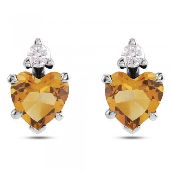 Natural Citrine & Natural Diamond Heart Stud Earrings 14K White Gold (0.48ct)