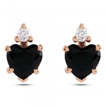Natural Black Onyx & Natural Diamond Heart Stud Earrings 14K Rose Gold (0.41ct)