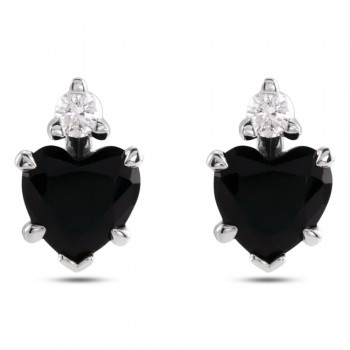 Natural Black Onyx & Natural Diamond Heart Stud Earrings 14K White Gold (0.41ct)