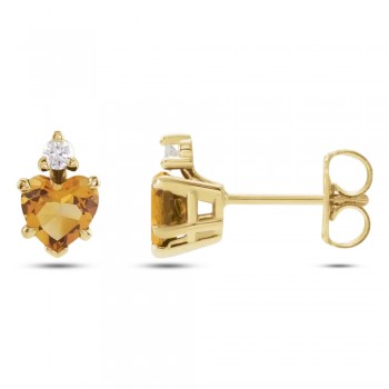 Heart Natural Citrine & Natural Diamond Stud Earrings 14K Yellow Gold (0.48ct)