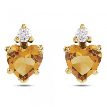 Natural Citrine & Natural Diamond Heart Stud Earrings 14K Yellow Gold (0.48ct)