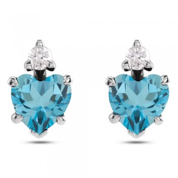 Natural London Blue Topaz & Natural Diamond Heart Stud Earrings 14K White Gold (0.63ct)