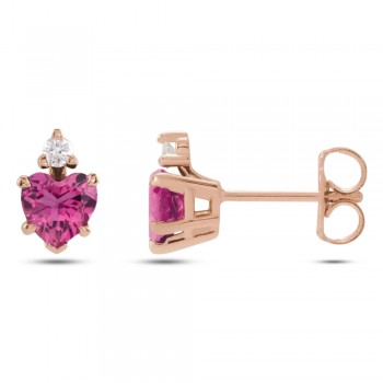 Natural Pink Tourmaline & Natural Diamond Heart Stud Earrings 14K Rose Gold (0.52ct)