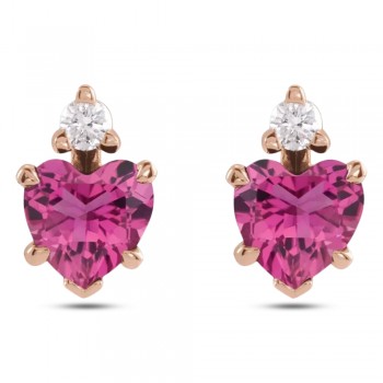 Heart Natural Pink Tourmaline & Natural Diamond Stud Earrings 14K Rose Gold (0.52ct)