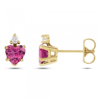 Natural Pink Tourmaline & Natural Diamond Heart Stud Earrings 14K Yellow Gold (0.52ct)