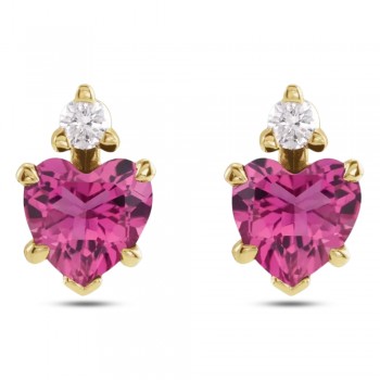 Heart Natural Pink Tourmaline & Natural Diamond Stud Earrings 14K Yellow Gold (0.52ct)