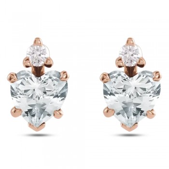 Natural White Sapphire & Natural Diamond Heart Stud Earrings 14K Rose Gold (0.61ct)