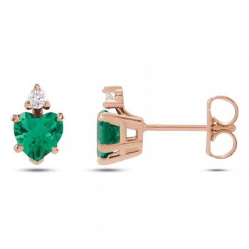 Lab Grown Emerald & Natural Diamond Heart Stud Earrings 14K Rose Gold (0.46ct)
