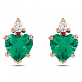 Heart Lab Grown Emerald & Natural Diamond Stud Earrings 14K Rose Gold (0.46ct)