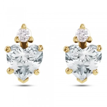 Natural White Sapphire & Natural Diamond Heart Stud Earrings 14K Yellow Gold (0.61ct)