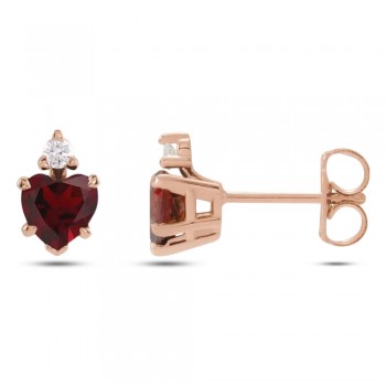 Natural Mozambique Garnet & Natural Diamond Heart Stud Earrings 14K Rose Gold (0.66ct)
