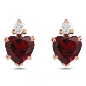 Natural Mozambique Garnet & Natural Diamond Heart Stud Earrings 14K Rose Gold (0.66ct)