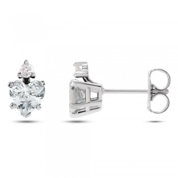 Natural White Sapphire & Natural Diamond Heart Stud Earrings 14K White Gold (0.61ct)