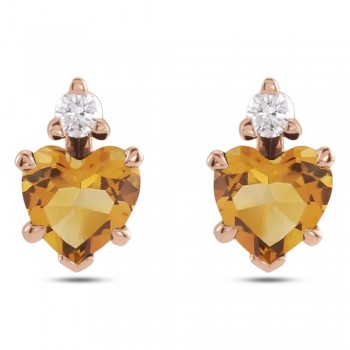 Natural Citrine & Natural Diamond Heart Stud Earrings 14K Rose Gold (0.48ct)