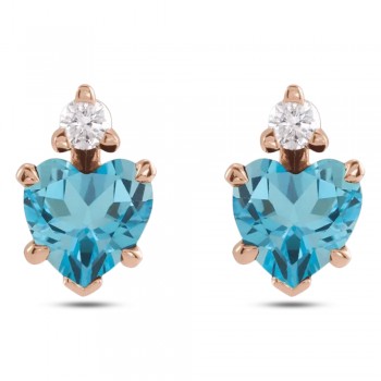 Natural London Blue Topaz & Natural Diamond Heart Stud Earrings 14K Rose Gold (0.63ct)