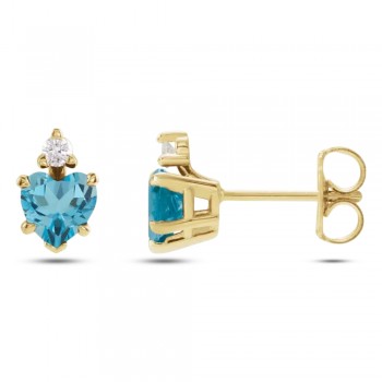 Natural London Blue Topaz & Natural Diamond Heart Stud Earrings 14K Yellow Gold (0.63ct)