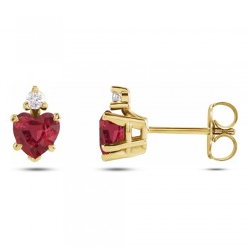 Heart Lab Grown Ruby & Natural Diamond Stud Earrings 14K Yellow Gold (0.62ct)