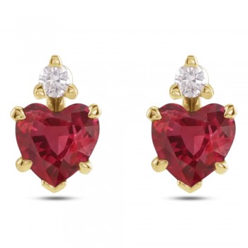 Heart Lab Grown Ruby & Natural Diamond Stud Earrings 14K Yellow Gold (0.62ct)