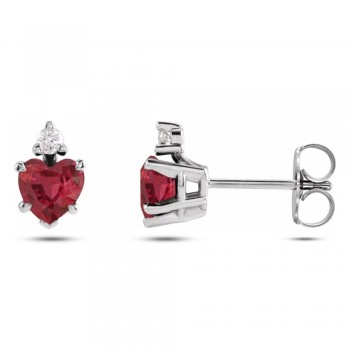 Lab Grown Ruby & Natural Diamond Heart Stud Earrings 14K White Gold (0.62ct)