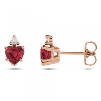 Heart Lab Grown Ruby & Natural Diamond Stud Earrings 14K Rose Gold (0.62ct)