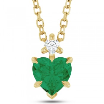 Lab Grown Emerald & Natural Diamond Heart Pendant Necklace 14K Yellow Gold (0.43ct)